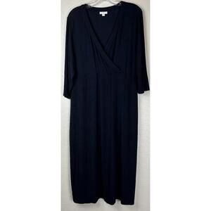 J JILL Faux Wrap 3/4 Sleeve‎ Midi Stretch Dress TL Black 0754